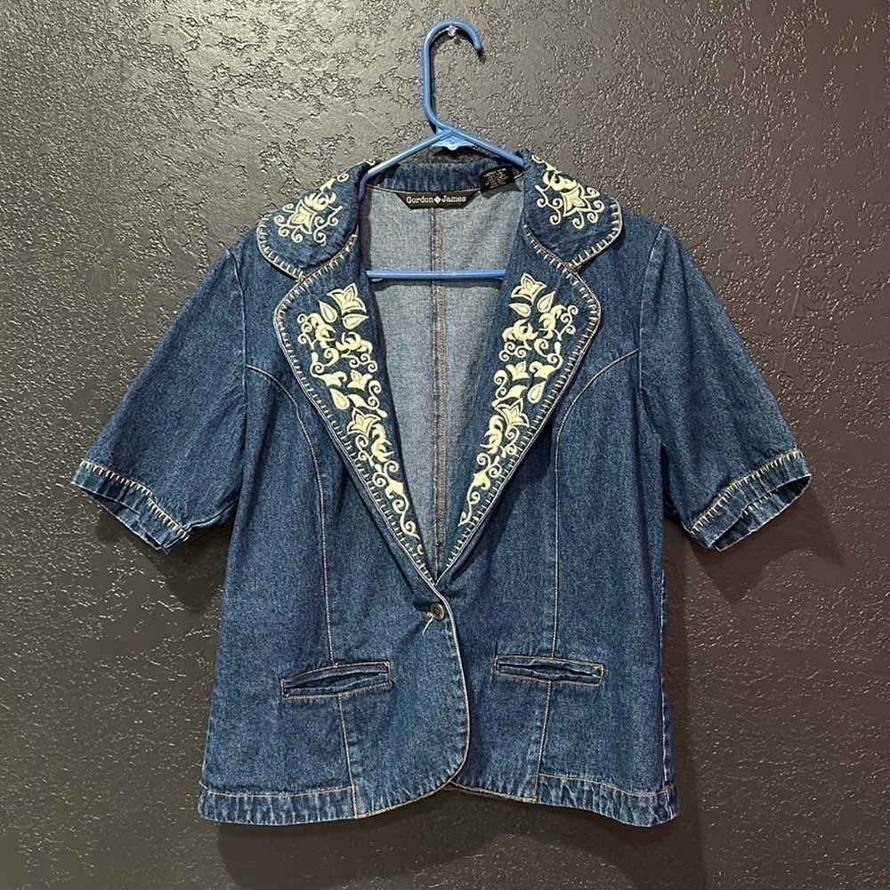 GORDON JAMES Women’s Floral embroidered short Sleeve Denim Blazer Size M